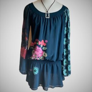 DESIGUAL Dark Teal Floral Dropped Waist Tunic Top Size M